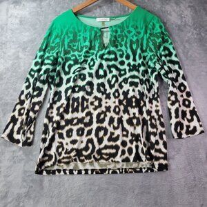 Calvin Klein Womens L Green Leopard Print‎ Keyhole Top Career Blouse 3/4 Sleeve